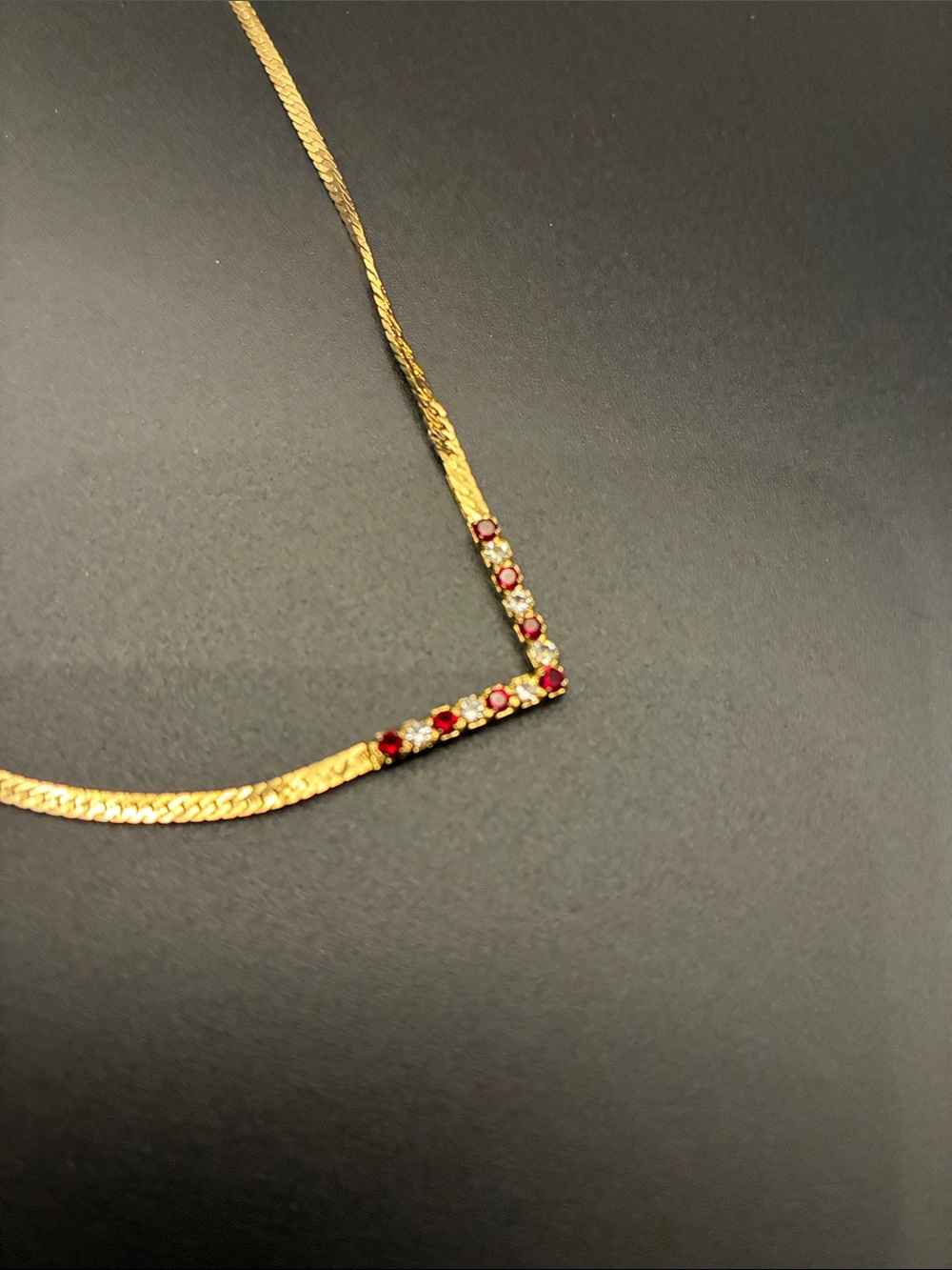 Avon Gold Tone Necklace with Red Crystal Row - Picture 2 of 3